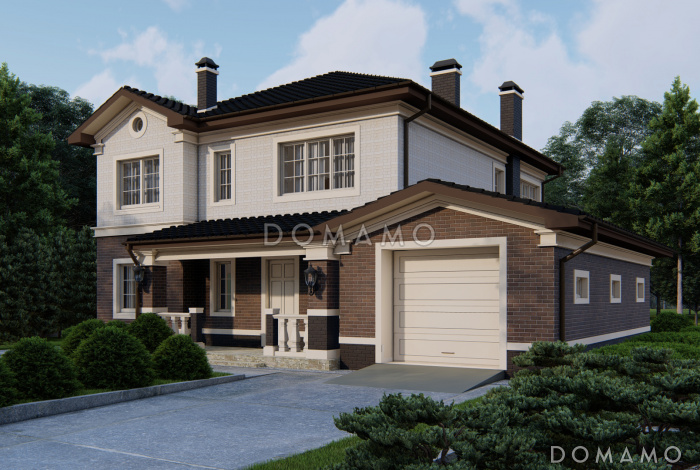 Проект двухэтажного дома с мастер-спальней с выходом на террасу, гостиной с камином, кладовой, гаражом для одной машины