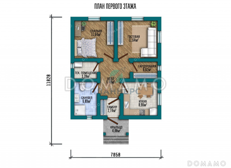 Проект одноэтажного дома с двумя спальнями и каркасными стенами / План 1 этажа Проект одноэтажного дома с двумя спальнями и каркасными стенами / План 1 этажа