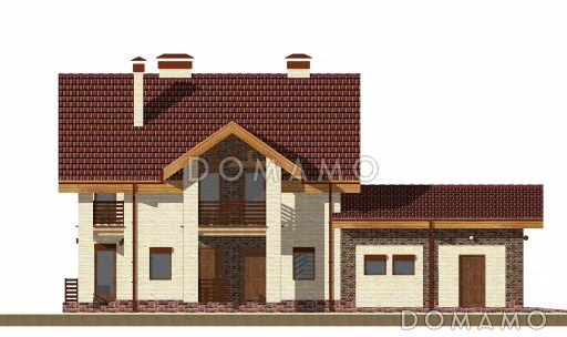 Проект дома с гаражом на две машины, просторной кухней-гостиной с выходом на террасу, гостевой спальней на первом этаже, балконами / Фасад 1