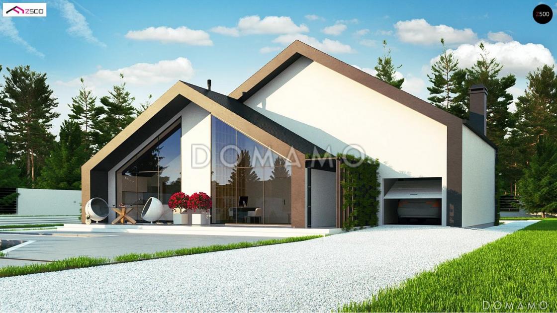 Проект современного одноэтажного мансардного дома с двухскатной крышей из газобетона с четырьмя комнатами и гаражом / 6