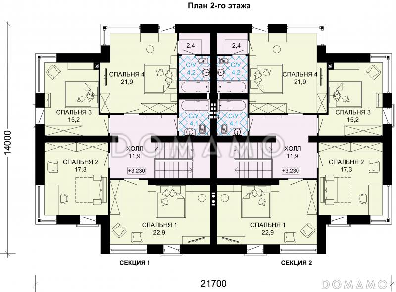 Проект двухэтажного дома-дуплекса из газобетона / План 2 этажа