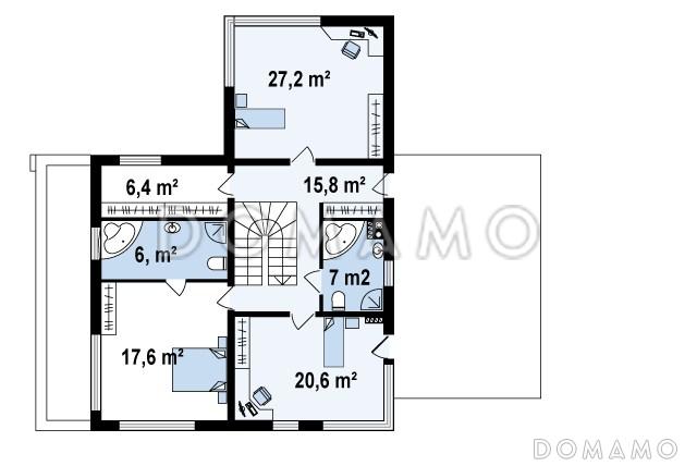 Проект современного двухэтажного дома из газобетона в стиле модерн, с террасой на втором уровне, с двухместным гаражом / План 2 этажа