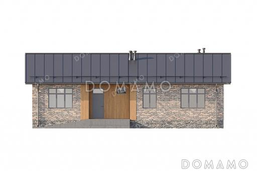 Проект прямоугольного одноэтажного дома с двухскатной фальцевой кровлей, вторым светом и классической отделкой облицовочным кирпичом и планкеном / Фасад 4