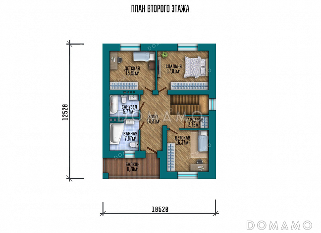 Проект двухэтажного дома с балконом / План 2 этажа Проект двухэтажного дома с балконом / План 2 этажа