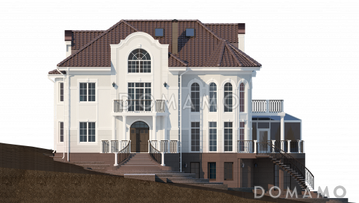 Проект семейного родового дома с террасой, балконами, кабинетами, спортивным залом, сауной / Фасад 1