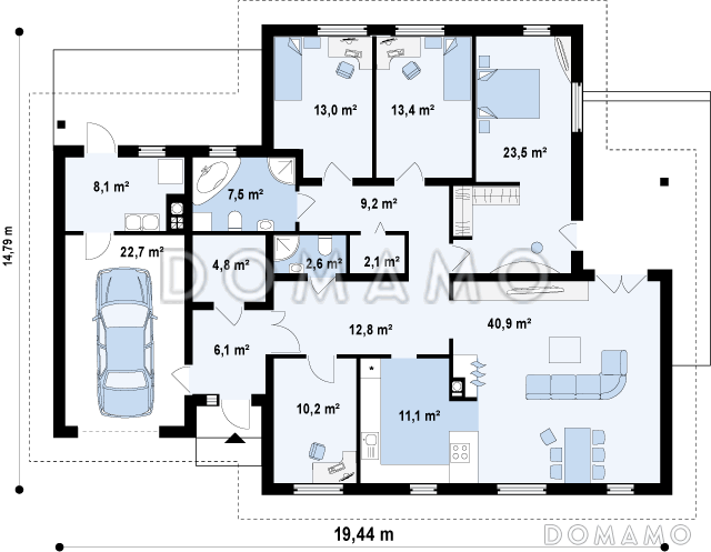 Проект одноэтажного дома из кирпича с просторной гостиной, четырьмя комнатами и гаражом / План 1 этажа