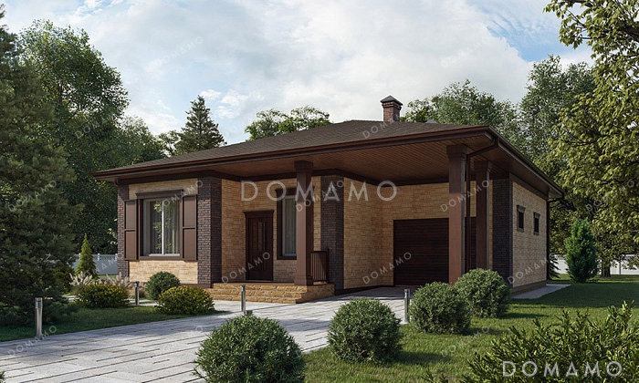 Проект одноэтажного дома с террасой и гаражом для автомобиля Проект одноэтажного дома с террасой и гаражом для автомобиля