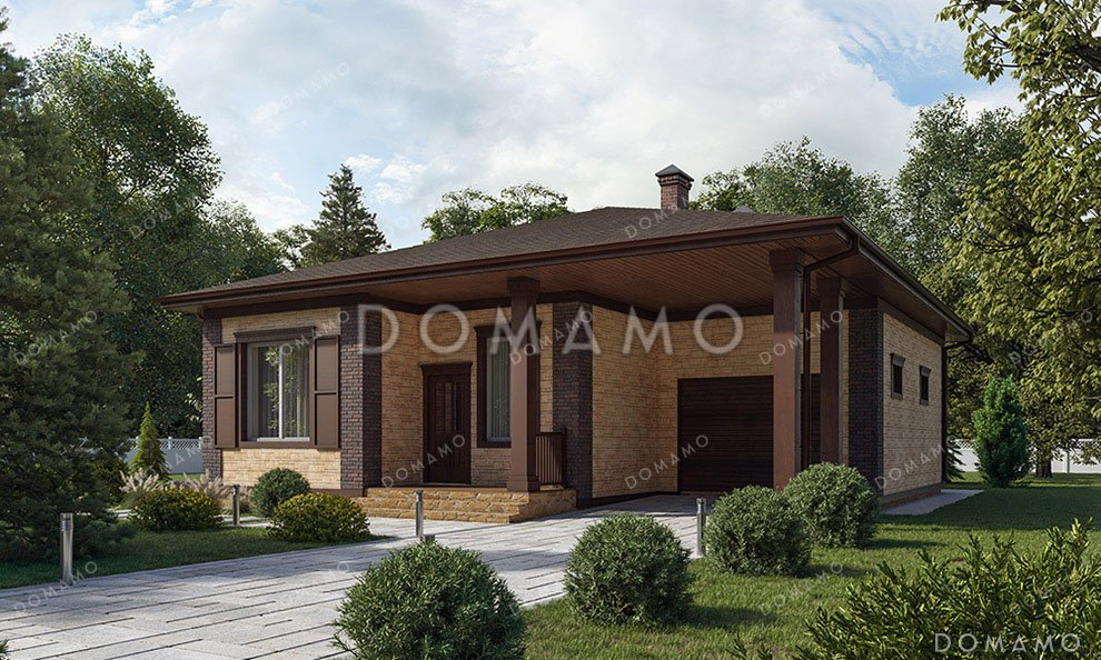 Проект одноэтажного дома с террасой и гаражом для автомобиля / 1