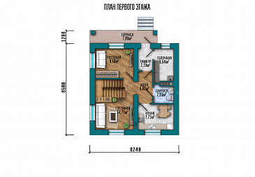 Проект дома с изолированной кухней, вместительной котельной и тремя спальнями на мансарде / План 1 этажа Проект дома с изолированной кухней, вместительной котельной и тремя спальнями на мансарде / План 1 этажа