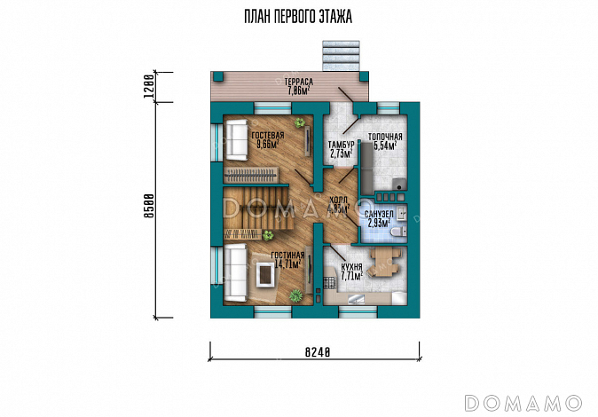 Проект дома с изолированной кухней, вместительной котельной и тремя спальнями на мансарде / План 1 этажа Проект дома с изолированной кухней, вместительной котельной и тремя спальнями на мансарде / План 1 этажа