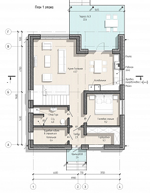 Проект современного дома с 3 спальнями и вторым светом в гостиной / План 1 этажа Проект современного дома с 3 спальнями и вторым светом в гостиной / План 1 этажа