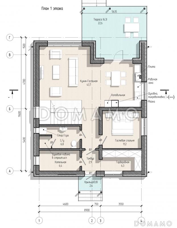 Проект современного дома с 3 спальнями и вторым светом в гостиной / План 1 этажа