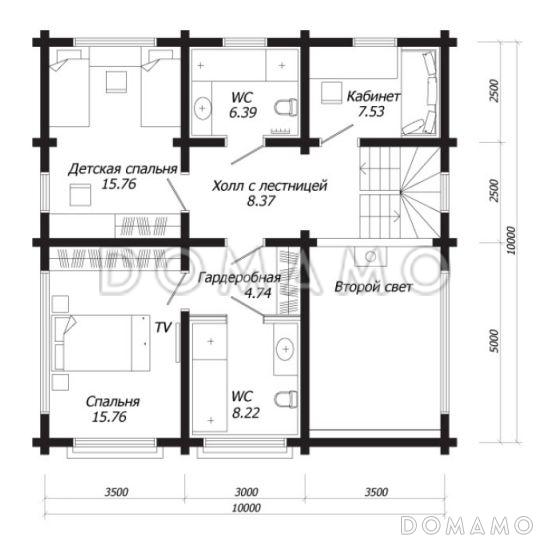 Проект двухэтажного дома из клееного бруса с панорамным остеклением в спальне / План 2 этажа Проект двухэтажного дома из клееного бруса с панорамным остеклением в спальне / План 2 этажа