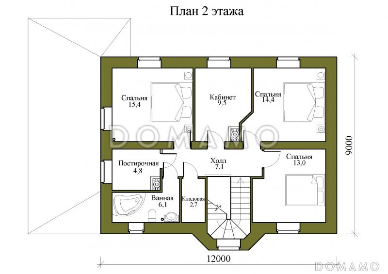 Проект двухэтажного дома с четырьмя спальнями и просторной крытой террасой / План 2 этажа