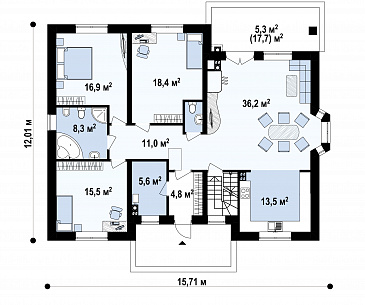 Проект одноэтажного дома с подвалом, эркером в гостиной, тремя спальнями / План 1 этажа