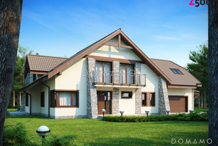 Проект просторного одноэтажного мансардного дома из кирпича с пятью комнатами, балконом и гаражом