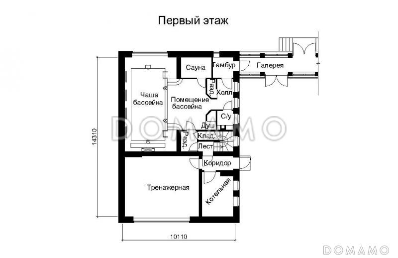 Проект отдельностоящего бассейна с жилыми комнатами на мансардном этаже / План 1 этажа