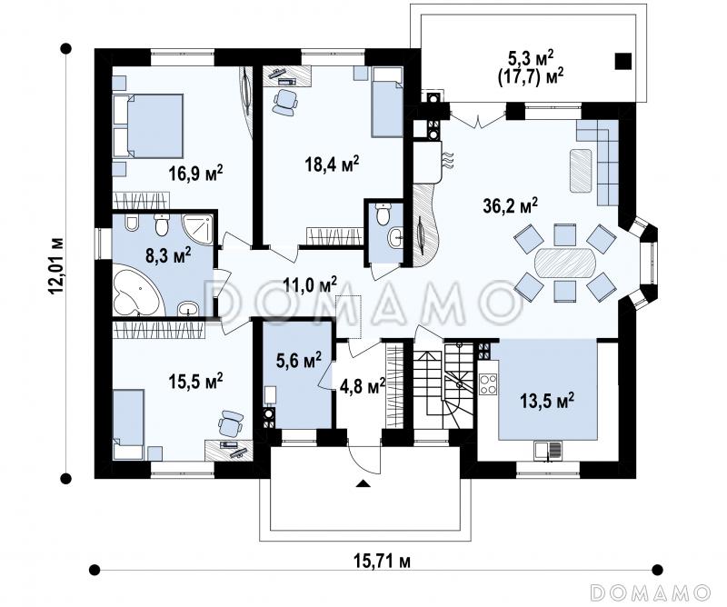 Проект одноэтажного дома с подвалом, эркером в гостиной, тремя спальнями / План 1 этажа