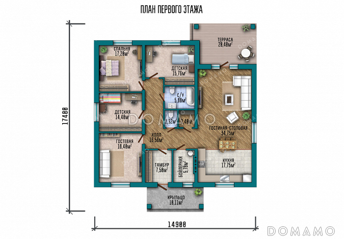 Проект одноэтажного дома в классическом стиле с 4 спальнями и террасой / План 1 этажа