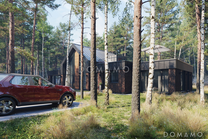 Проект кирпичного дома в стиле барнхаус с террасой на кровле, вторым светом и винтовой лестнице в кабинет