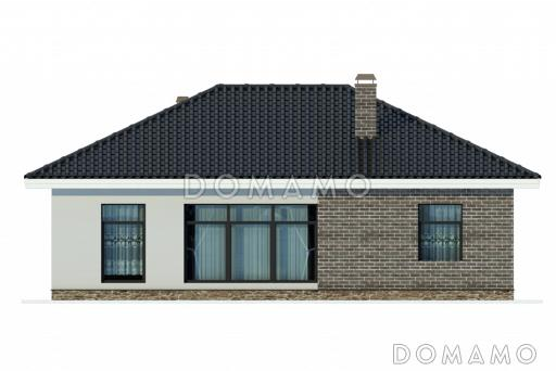 Проект одноэтажного дома с облицовкой кирпичом, двумя спальнями и кладовой / Фасад 2