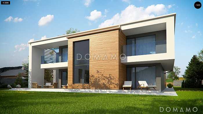 Проект современного двухэтажного дома из кирпича с плоской крышей с четырьмя спальнями, кабинетом, гаражом и большой площадью остекления Проект современного двухэтажного дома из кирпича с плоской крышей с четырьмя спальнями, кабинетом, гаражом и большой площадью остекления