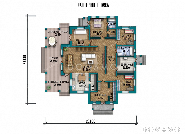 Проект одноэтажного дома с мансардой и террасой / План 1 этажа Проект одноэтажного дома с мансардой и террасой / План 1 этажа