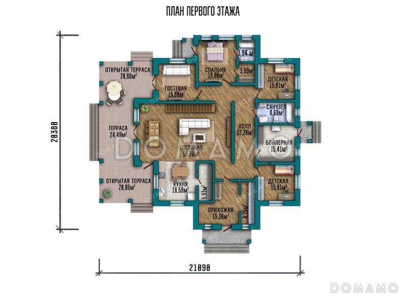 Проект одноэтажного дома с мансардой и террасой / План 1 этажа