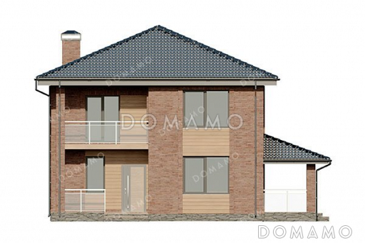 Проект двухэтажного дома с просторной террасой и тремя спальнями / Фасад 2