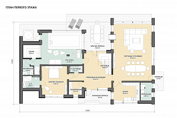 Проект сблокированного дома с спа-зоной, джакузи под открытым небом, просторной гостиной-столовой / План 1 этажа Проект сблокированного дома с спа-зоной, джакузи под открытым небом, просторной гостиной-столовой / План 1 этажа