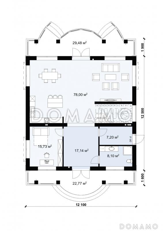 Проект красивого двухэтажного дома с большими балконами S-240 / План 1 этажа