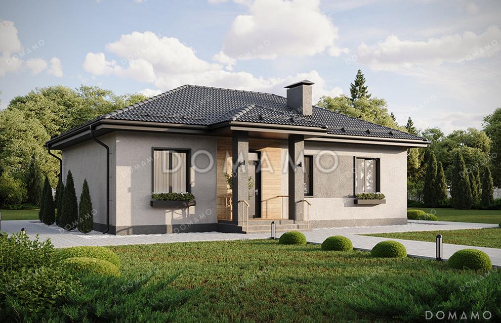 Проект компактного одноэтажного дома с общей вальмовой кровлей над входной группой и террасой и комбинированной отделкой фасада декоративной штукатуркой и планкеном / 2