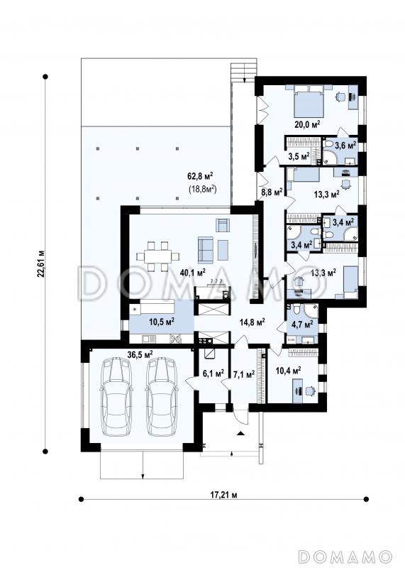 Проект одноэтажного дома с плоской крышей, гаражом, спальнями с санузлами / План 1 этажа