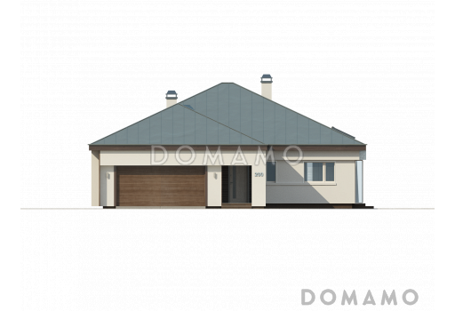 Проект одноэтажного дома из газобетона со стеклянным эркером в просторной гостиной и гаражом на два автомобиля / Фасад 1