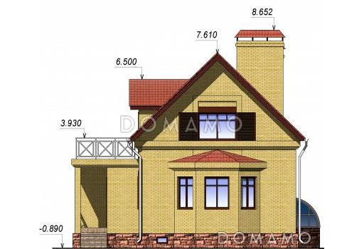 Проект одноэтажного дома с мансардным и цокольным этажами, с эркером / Фасад 3