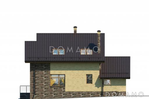 Проект загородного дома с открытой террасой, сауной и душевой, гостиной с камином / Фасад 3