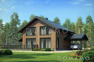 Проект дома из газобетона с большой террасой и навесом для автомобиля