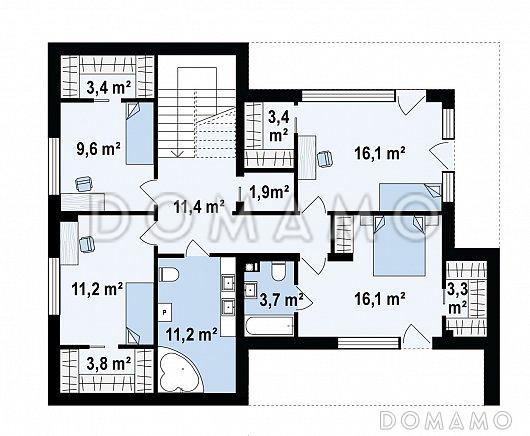 Проект современного двухэтажного дома из кирпича с плоской крышей, с четырьмя комнатами, гаражом и угловой лоджией / План 2 этажа
