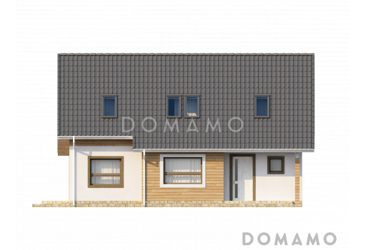 Проект традиционного мансардного дома из кирпича с дополнительной спальней на первом этаже / Фасад 1