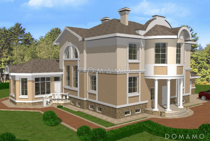 Проект двухэтажного дома из кирпича с полукруглым эркером Проект двухэтажного дома из кирпича с полукруглым эркером