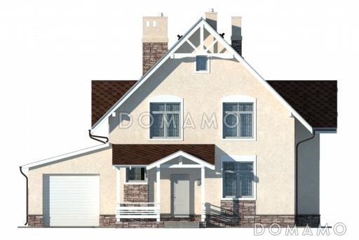 Проект бежевого оштукатуренного коттеджа с гаражом и эркером в гостиной / Фасад 1