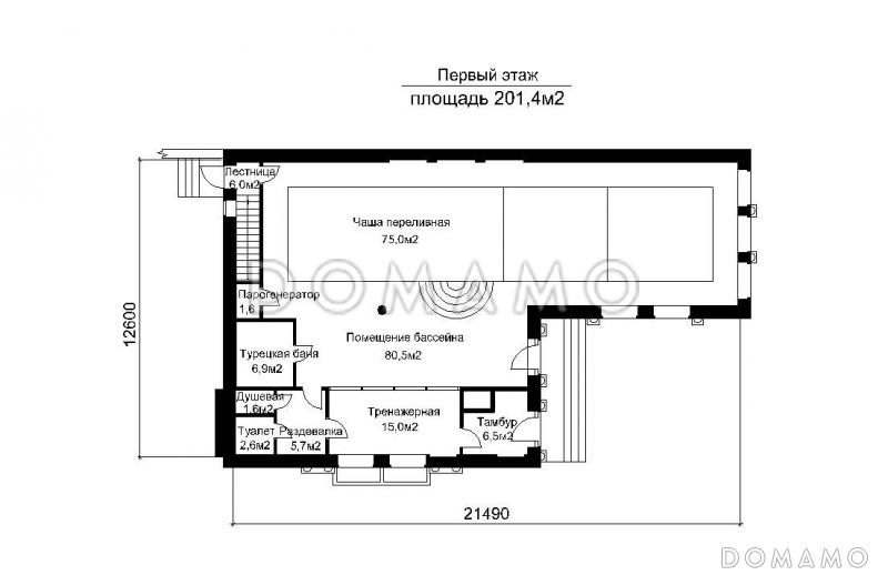Проект отдельностоящего бассейна круглогодичного использования  / План 1 этажа