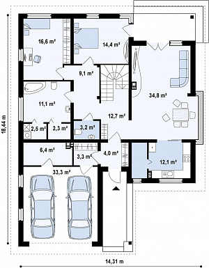 Проект одноэтажного мансардного дома из кирпича со стеклянным эркером и гаражом на два автомобиля / План 1 этажа