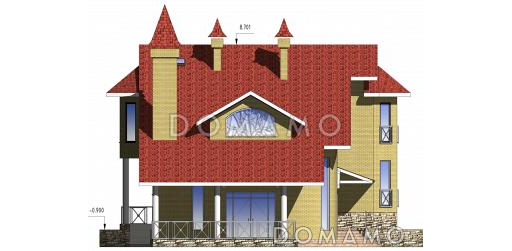 Проект двухэтажного коттеджа с цоколем, с двумя эркерами, балконом и двумя террасами / Фасад 2