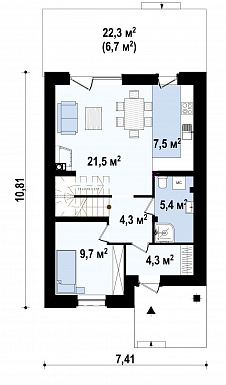 Проект двухэтажного дома из кирпича с кабинетом и балконом / План 1 этажа Проект двухэтажного дома из кирпича с кабинетом и балконом / План 1 этажа