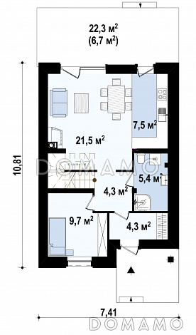 Проект двухэтажного дома из кирпича с кабинетом и балконом / План 1 этажа Проект двухэтажного дома из кирпича с кабинетом и балконом / План 1 этажа