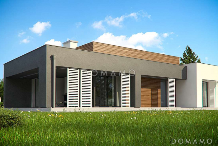 Проект одноэтажного дома из кирпича с плоской крышей, большой площадью остекления и крытой террасой, увеличенная версия Проект одноэтажного дома из кирпича с плоской крышей, большой площадью остекления и крытой террасой, увеличенная версия