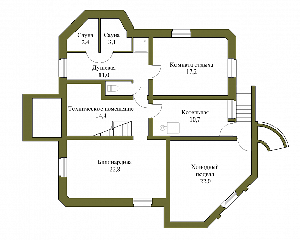 Проект трёхэтажного коттеджа с подвалом и зимним садом / План цокольного этажа