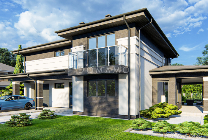 Проект двухэтажного дома с гаражом, большой крытой террасой, просторной хозяйской спальней с балконом