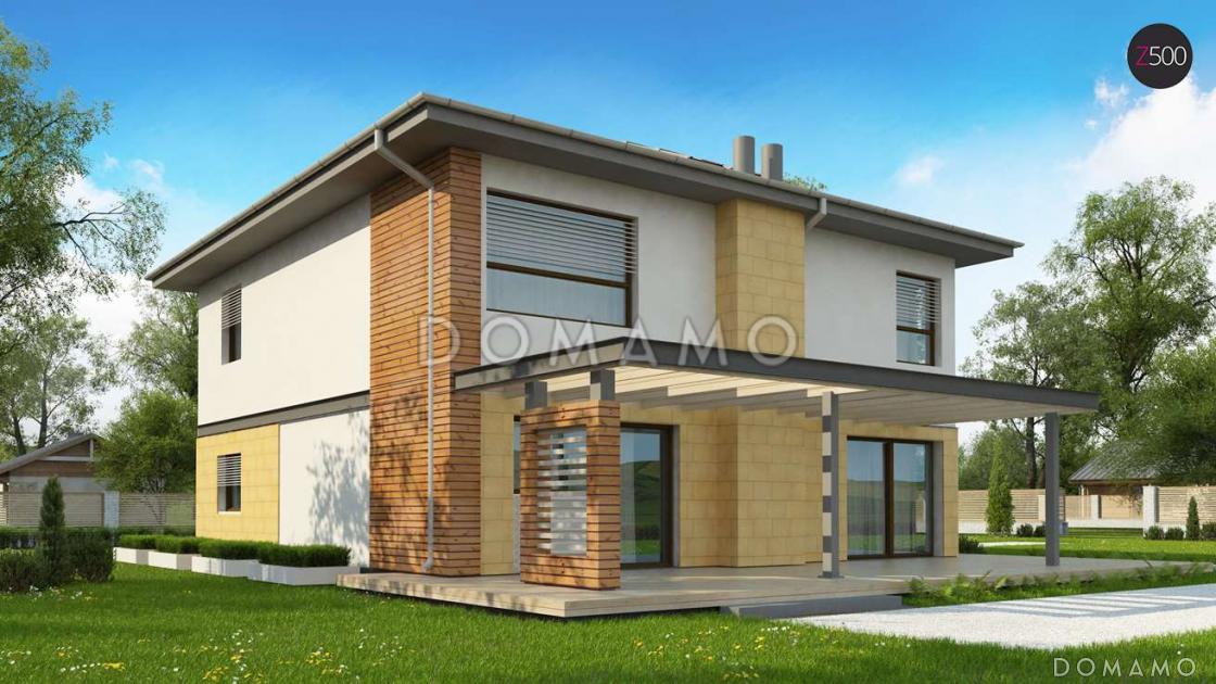 Проект простого комфортного двухэтажного дома из кирпича со вторым светом, тремя спальнями и гаражом / 1